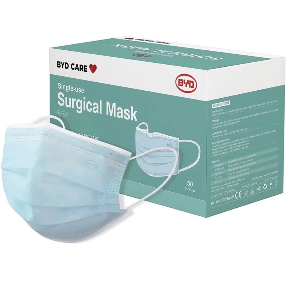 Byd care disposable face mask blue 50 per box.